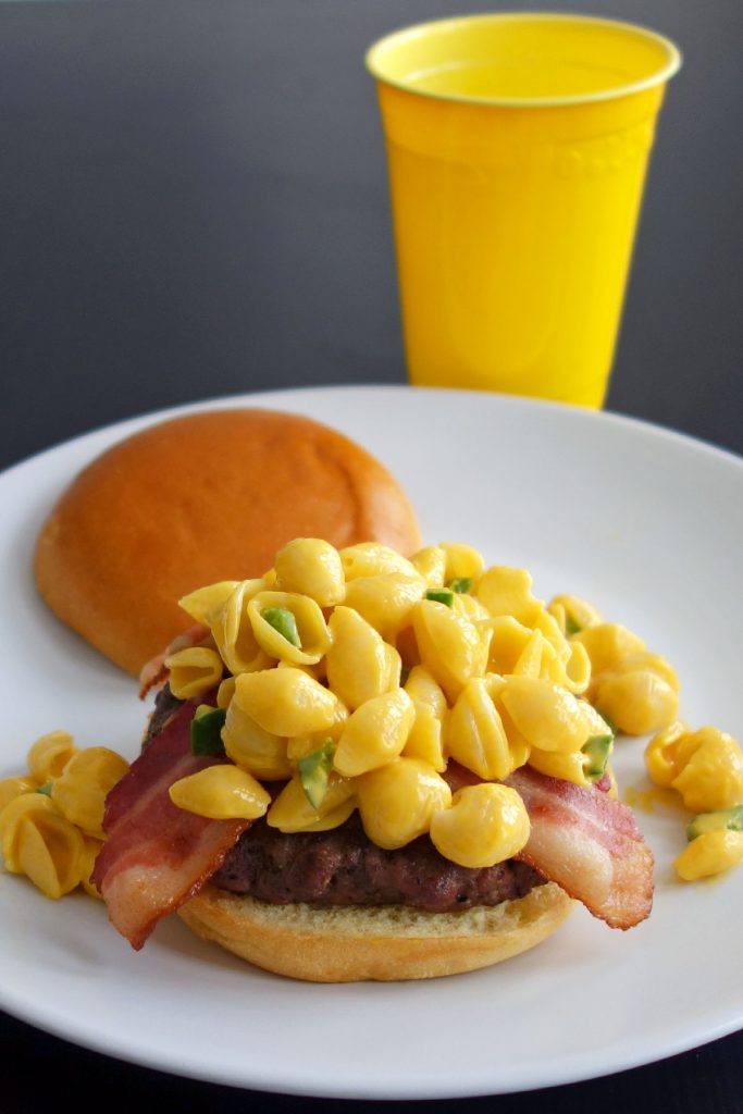 The mac and cheese burger - topped with bacon and jalapeño mac & cheese!