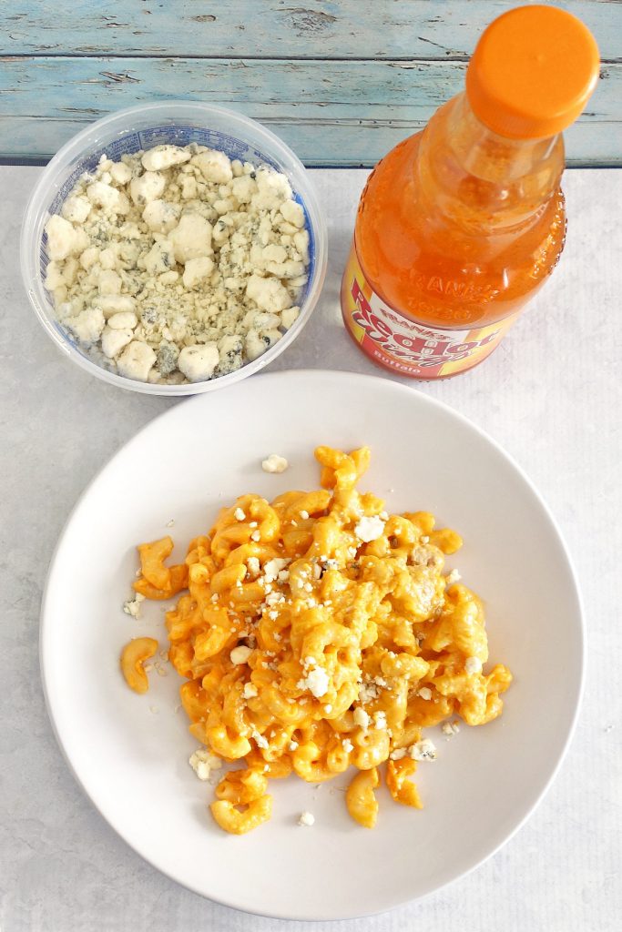 Buffalo chicken mac and cheese is an amazing size or main dish. Topped off with delicious blue cheese.